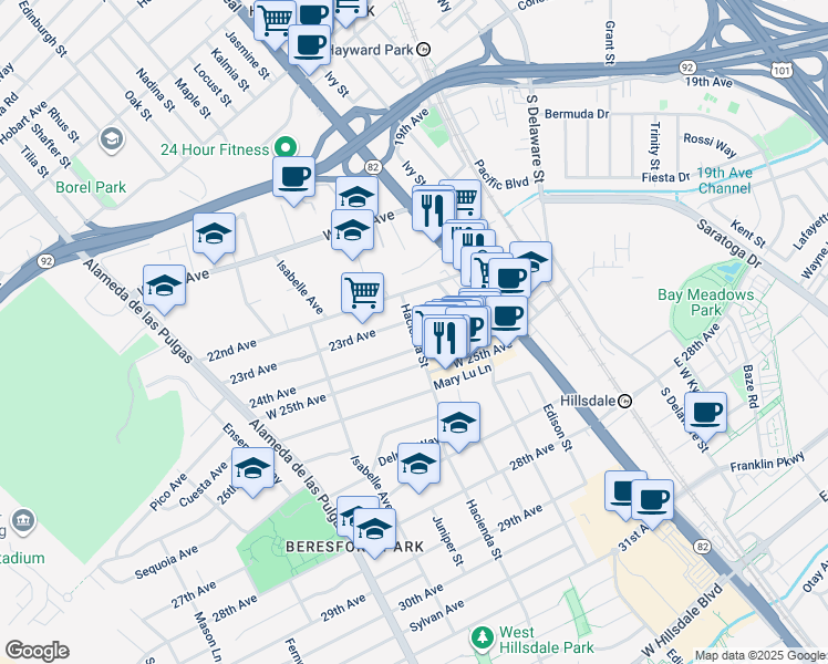 map of restaurants, bars, coffee shops, grocery stores, and more near 2245 Hacienda Street in San Mateo