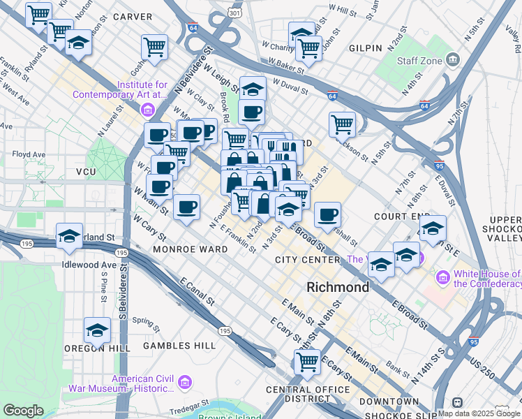 map of restaurants, bars, coffee shops, grocery stores, and more near 112 U.S. 33 in Richmond