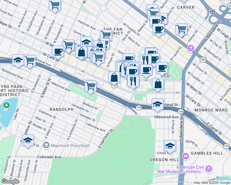map of restaurants, bars, coffee shops, grocery stores, and more near 1315 West Cary Street in Richmond
