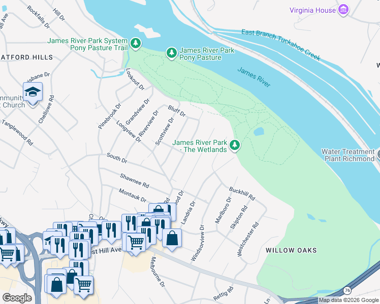 map of restaurants, bars, coffee shops, grocery stores, and more near 3429 Warner Road in Richmond