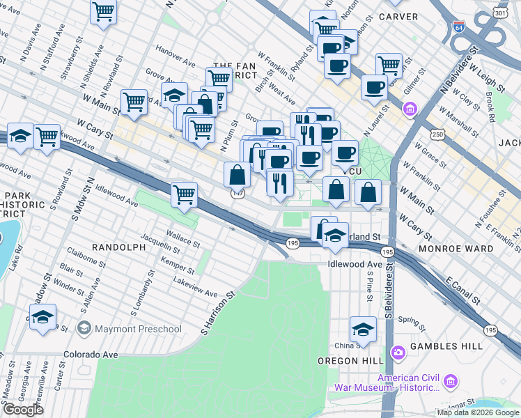 map of restaurants, bars, coffee shops, grocery stores, and more near 1212 1/2 West Cary Street in Richmond