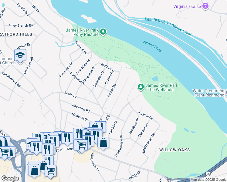 map of restaurants, bars, coffee shops, grocery stores, and more near 3369 Warner Road in Richmond