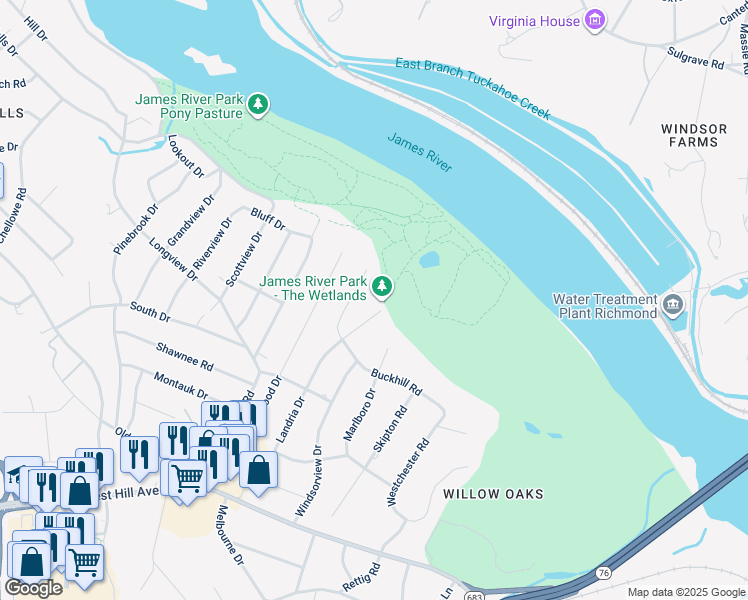 map of restaurants, bars, coffee shops, grocery stores, and more near 3340 Landria Drive in Richmond