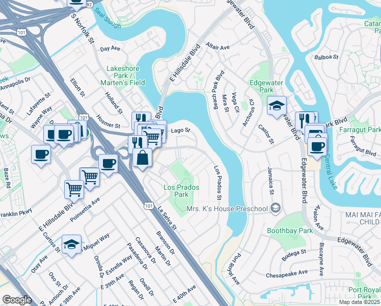 map of restaurants, bars, coffee shops, grocery stores, and more near 3090 Los Prados Street in San Mateo