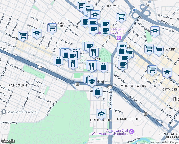 map of restaurants, bars, coffee shops, grocery stores, and more near 911 West Cary Street in Richmond
