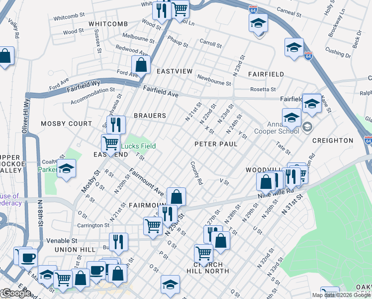 map of restaurants, bars, coffee shops, grocery stores, and more near 1608 North 22nd Street in Richmond