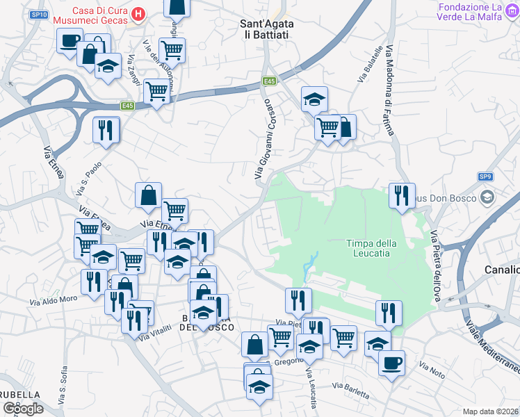 map of restaurants, bars, coffee shops, grocery stores, and more near 18A Via Barriera del Bosco in Sant'Agata li Battiati