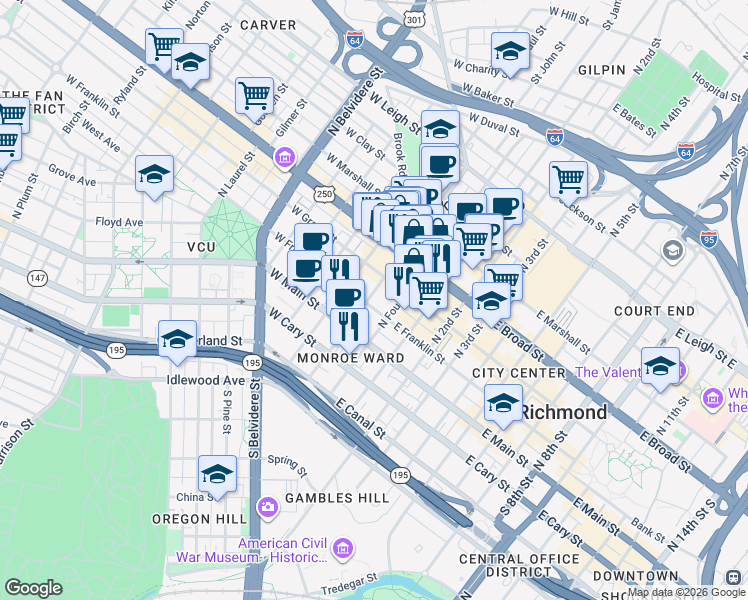 map of restaurants, bars, coffee shops, grocery stores, and more near 11 West Grace Street in Richmond