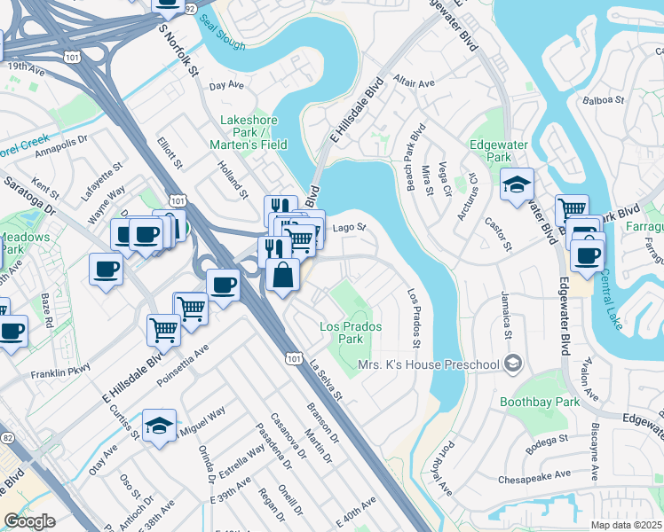 map of restaurants, bars, coffee shops, grocery stores, and more near 3014 Los Prados Street in San Mateo