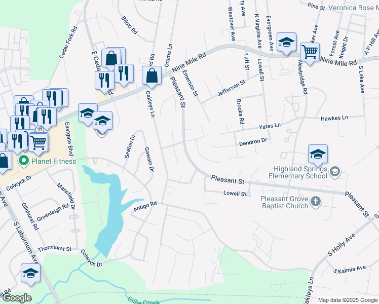 map of restaurants, bars, coffee shops, grocery stores, and more near 950 Pleasant Street in Richmond