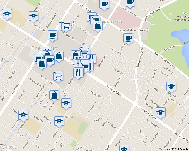 map of restaurants, bars, coffee shops, grocery stores, and more near 39500 Fremont Boulevard in Fremont
