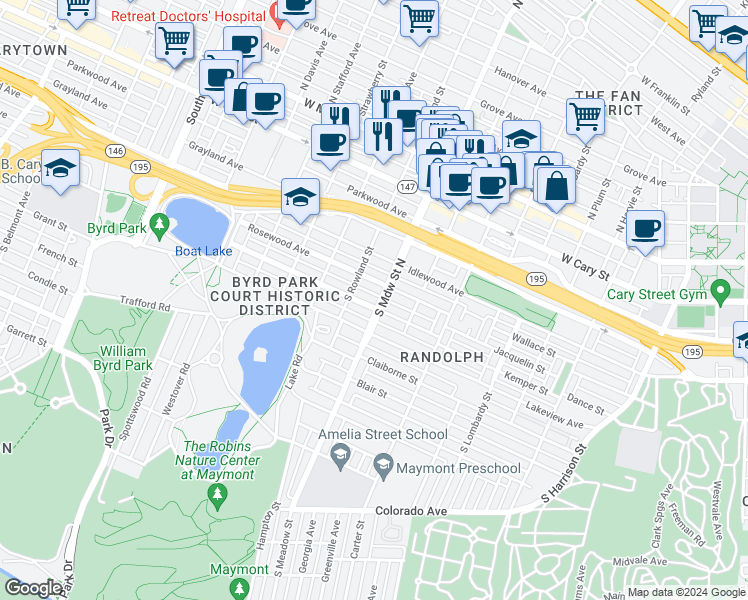 map of restaurants, bars, coffee shops, grocery stores, and more near 2004 Maplewood Avenue in Richmond