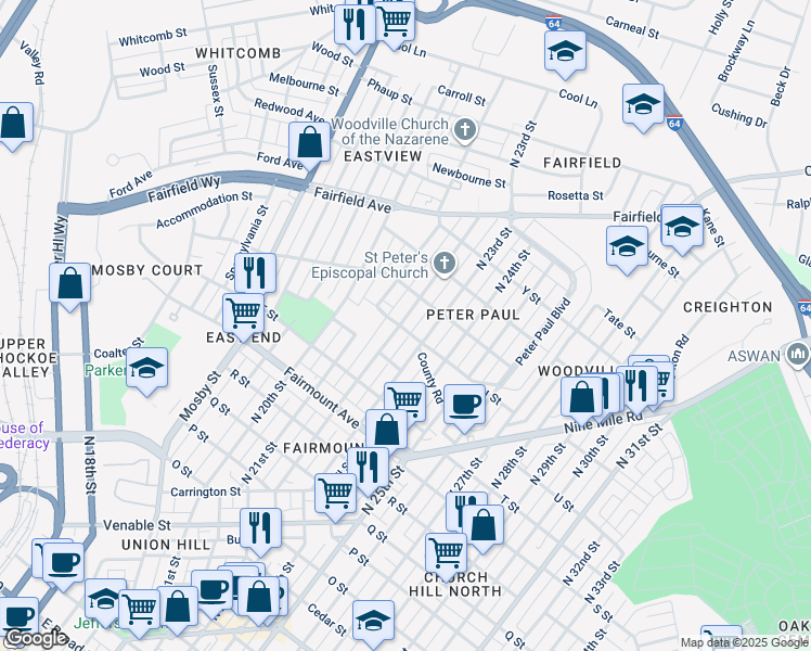 map of restaurants, bars, coffee shops, grocery stores, and more near 1601 North 22nd Street in Richmond