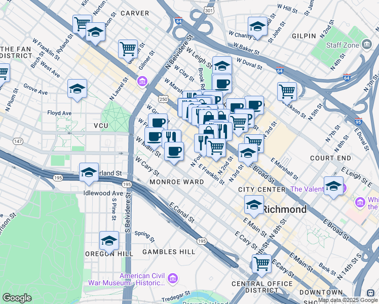 map of restaurants, bars, coffee shops, grocery stores, and more near 11 West Grace Street in Richmond