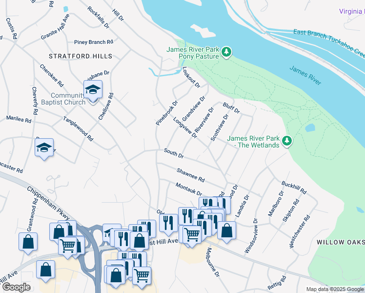 map of restaurants, bars, coffee shops, grocery stores, and more near 3314 Riverview Drive in Richmond