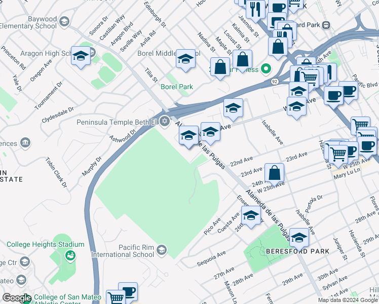 map of restaurants, bars, coffee shops, grocery stores, and more near 2000 Alameda de las Pulgas in San Mateo
