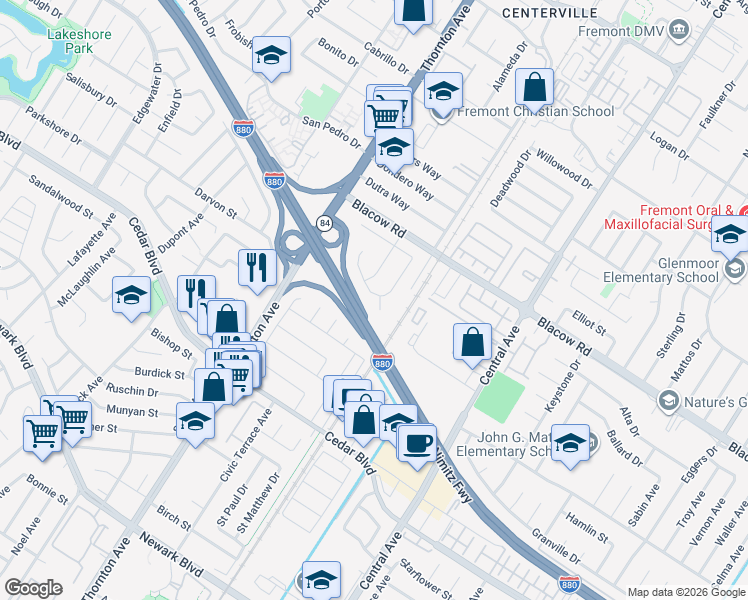 map of restaurants, bars, coffee shops, grocery stores, and more near 5179 Morris Way in Fremont