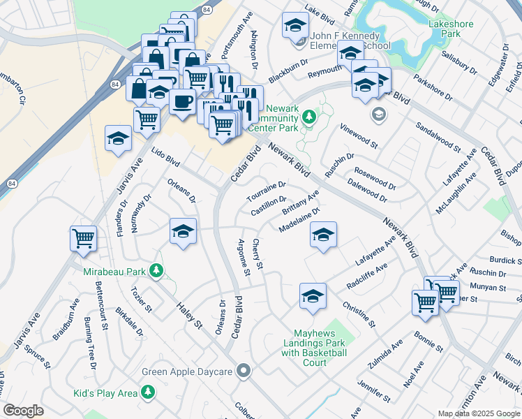 map of restaurants, bars, coffee shops, grocery stores, and more near 6197 Castillon Drive in Newark