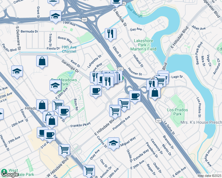 map of restaurants, bars, coffee shops, grocery stores, and more near 1051 Park Place in San Mateo