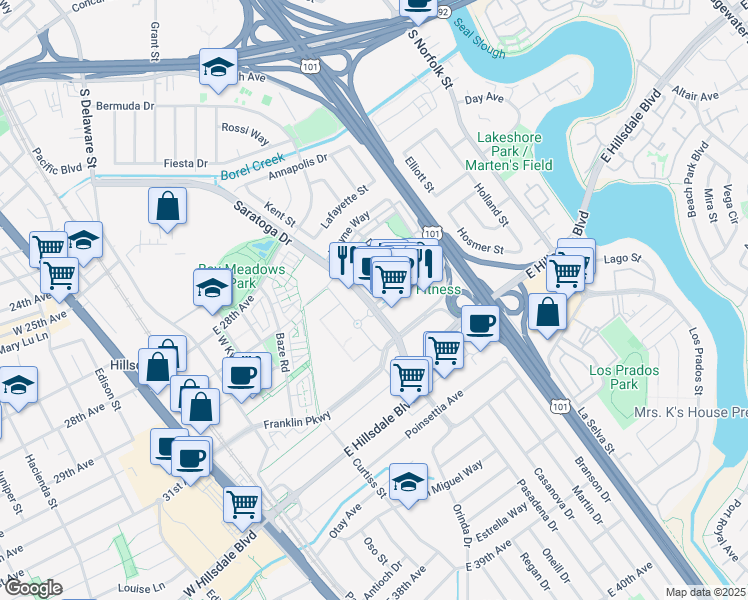 map of restaurants, bars, coffee shops, grocery stores, and more near 970 Park Place in San Mateo