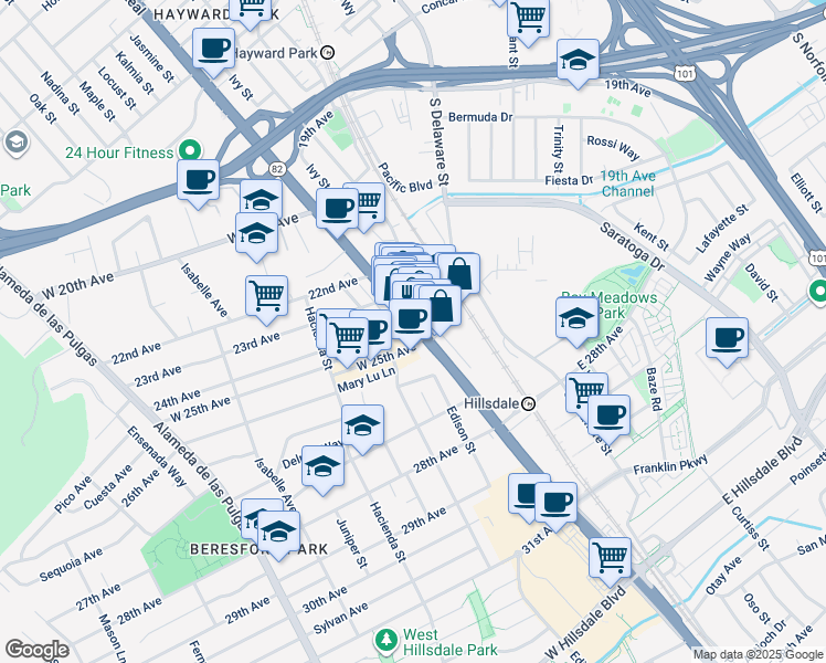 map of restaurants, bars, coffee shops, grocery stores, and more near 17 East 25th Avenue in San Mateo