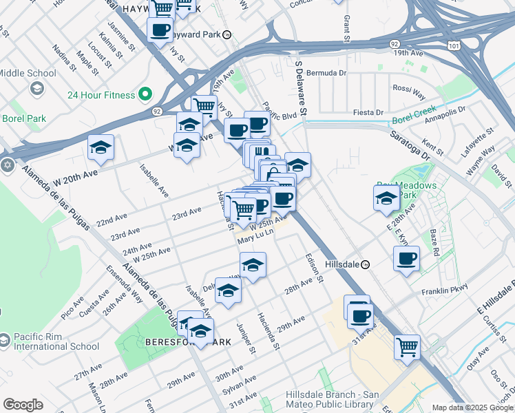 map of restaurants, bars, coffee shops, grocery stores, and more near 111 23rd Avenue in San Mateo