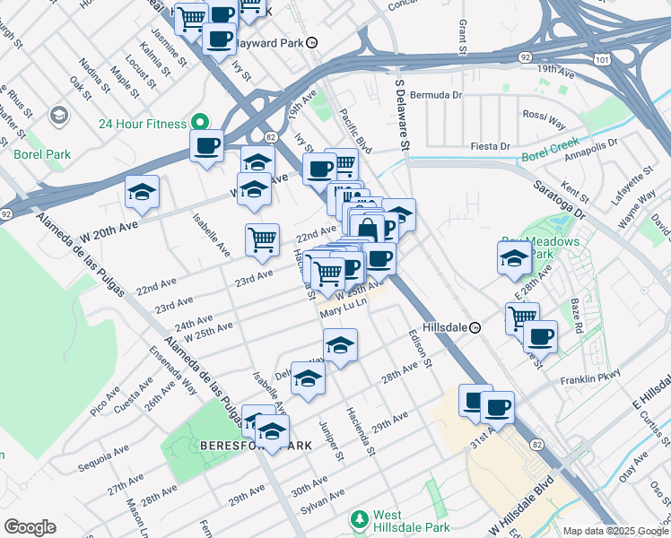 map of restaurants, bars, coffee shops, grocery stores, and more near 111 23rd Avenue in San Mateo