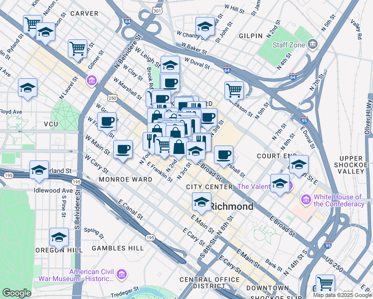 map of restaurants, bars, coffee shops, grocery stores, and more near 112 U.S. 33 in Richmond