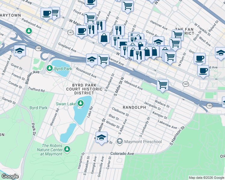 map of restaurants, bars, coffee shops, grocery stores, and more near 2013 Rosewood Avenue in Richmond