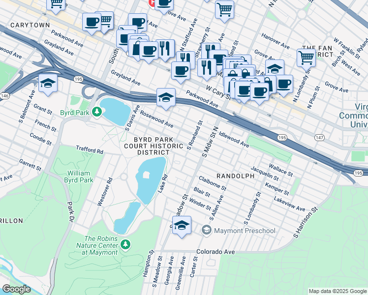 map of restaurants, bars, coffee shops, grocery stores, and more near 2116 Maplewood Avenue in Richmond