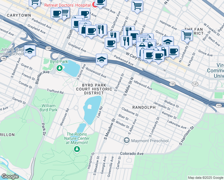 map of restaurants, bars, coffee shops, grocery stores, and more near 2116 Maplewood Avenue in Richmond