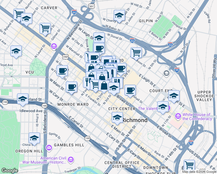 map of restaurants, bars, coffee shops, grocery stores, and more near 112 U.S. 33 in Richmond