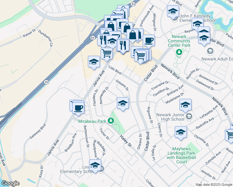 map of restaurants, bars, coffee shops, grocery stores, and more near 35536 Provance Street in Newark