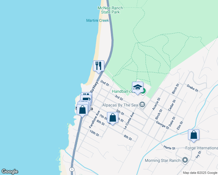 map of restaurants, bars, coffee shops, grocery stores, and more near 284 2nd Street in Montara
