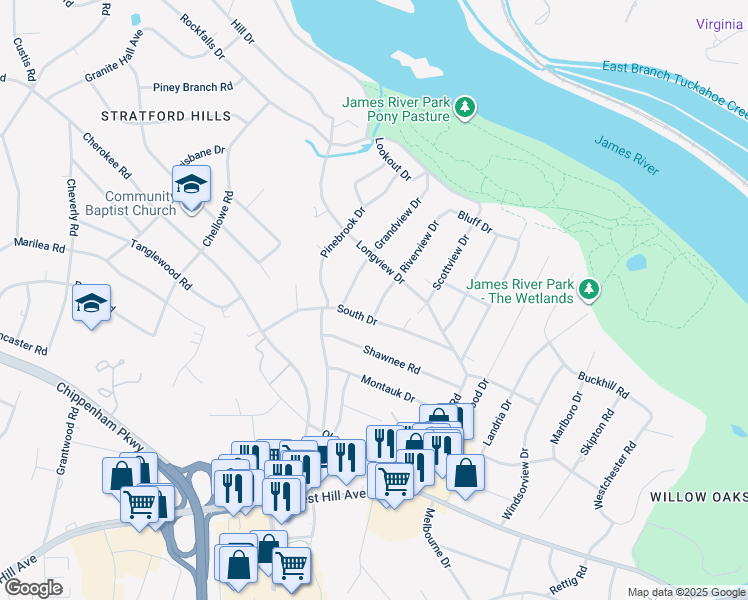map of restaurants, bars, coffee shops, grocery stores, and more near 3314 Riverview Drive in Richmond