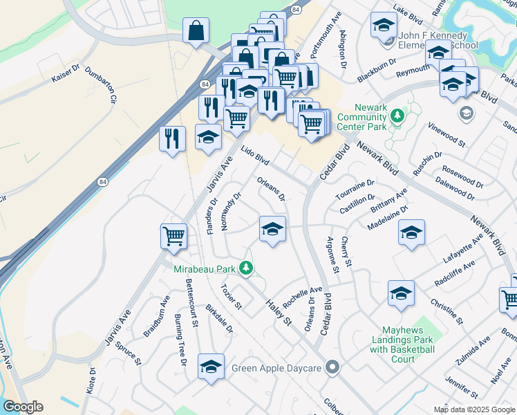 map of restaurants, bars, coffee shops, grocery stores, and more near 35536 Provance Street in Newark
