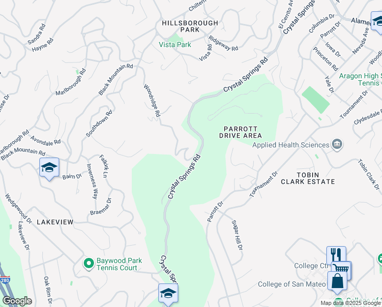 map of restaurants, bars, coffee shops, grocery stores, and more near 50 Woodridge Road in Hillsborough