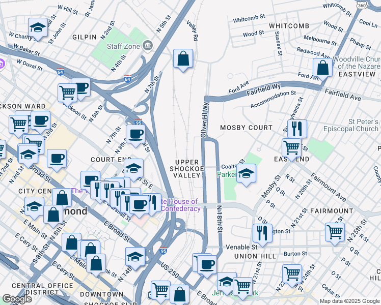 map of restaurants, bars, coffee shops, grocery stores, and more near 1060 Oliver Hill Way in Richmond