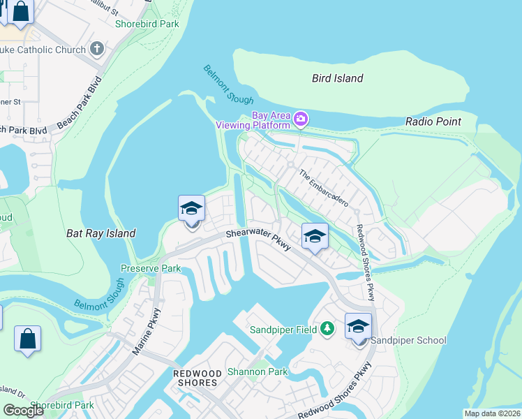 map of restaurants, bars, coffee shops, grocery stores, and more near 102 Livorno Way in Redwood City