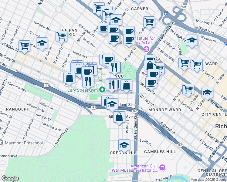 map of restaurants, bars, coffee shops, grocery stores, and more near 805 West Cary Street in Richmond