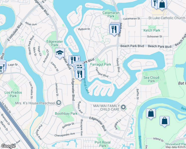 map of restaurants, bars, coffee shops, grocery stores, and more near 619 Mystic Lane in Foster City