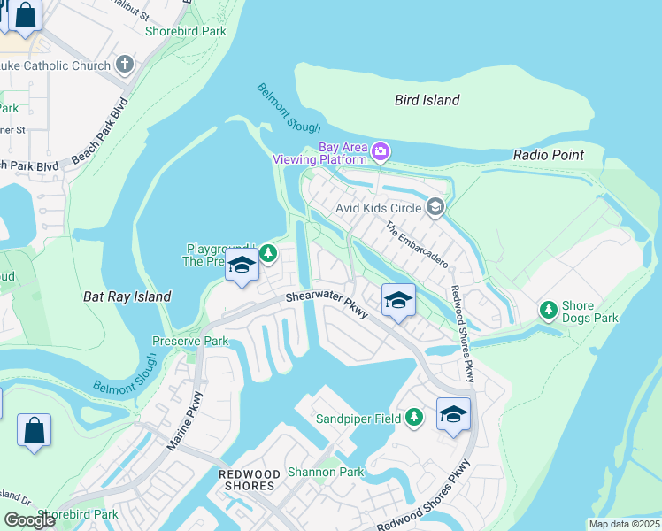 map of restaurants, bars, coffee shops, grocery stores, and more near 106 Camerota Way in Redwood City
