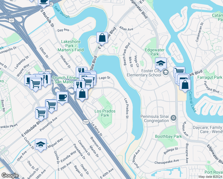 map of restaurants, bars, coffee shops, grocery stores, and more near 3090 Los Prados Street in San Mateo