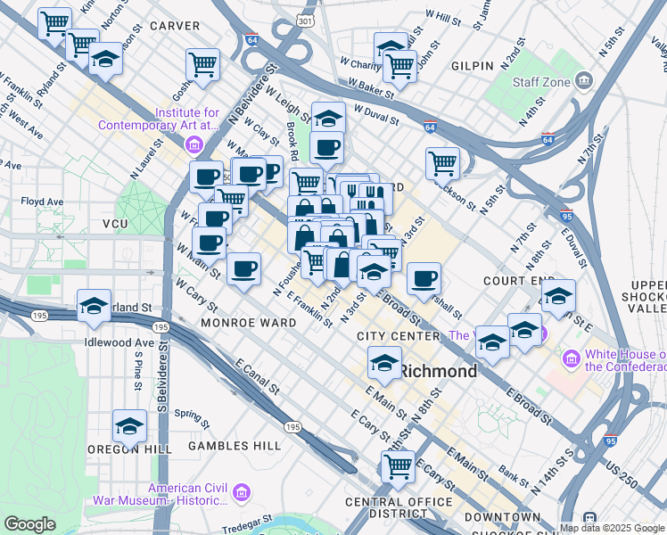map of restaurants, bars, coffee shops, grocery stores, and more near 105 East Broad Street in Richmond