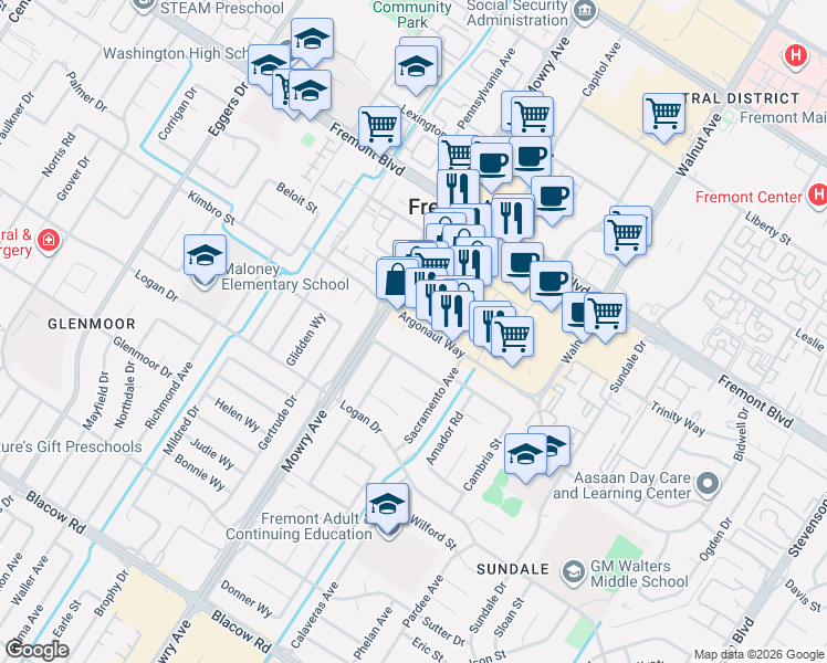 map of restaurants, bars, coffee shops, grocery stores, and more near 4200 Mowry Avenue in Fremont