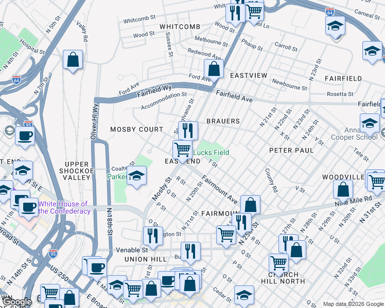 map of restaurants, bars, coffee shops, grocery stores, and more near 1319 Mechanicsville Turnpike in Richmond