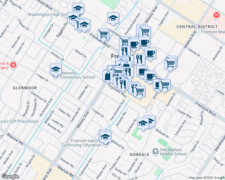 map of restaurants, bars, coffee shops, grocery stores, and more near 39139 Argonaut Way in Fremont