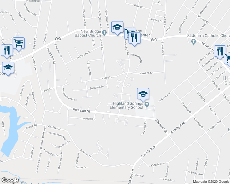 map of restaurants, bars, coffee shops, grocery stores, and more near 416 Newbridge Terrace in Richmond