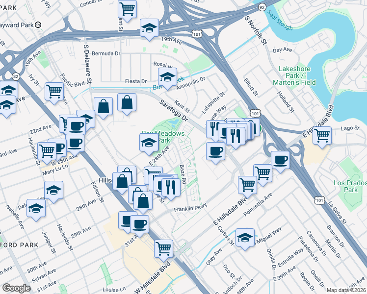 map of restaurants, bars, coffee shops, grocery stores, and more near 479 Landeros Drive in San Mateo
