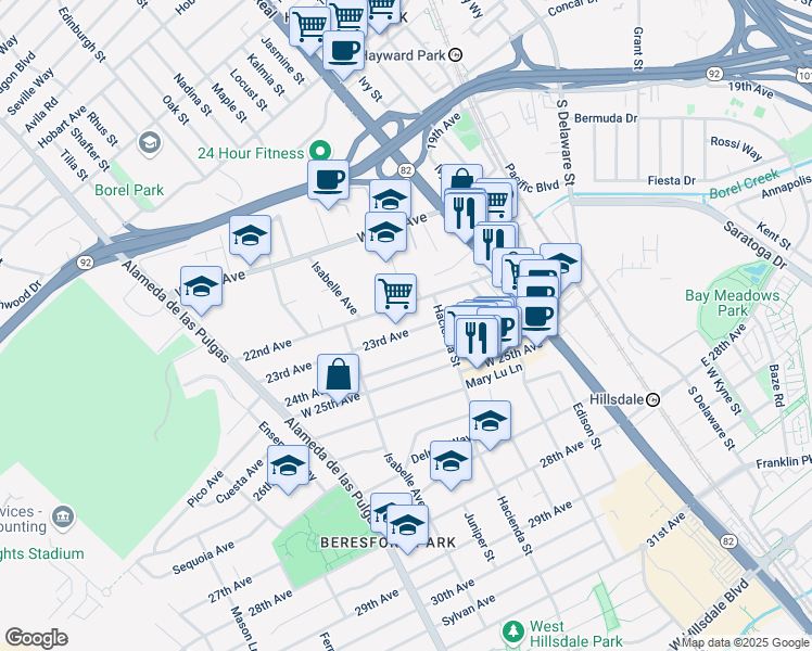 map of restaurants, bars, coffee shops, grocery stores, and more near 237 22nd Avenue in San Mateo